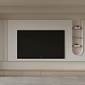 Modern Neutral TV Wall Design With Vertical Slats Curved Shelves And Base Cabinets