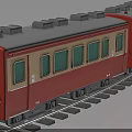 Red And Yellow Toy Train Model With Green Window Carriages On Track And Reflective Surface