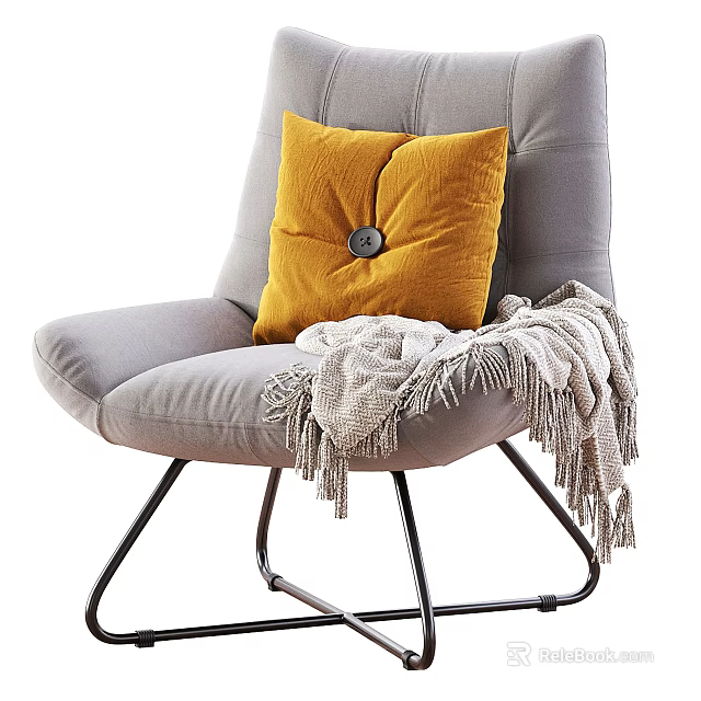 Comfortable Grey Single Sofa With Yellow Button Cushion And Fringed Grey Blanket On Metal Legs 3d model 