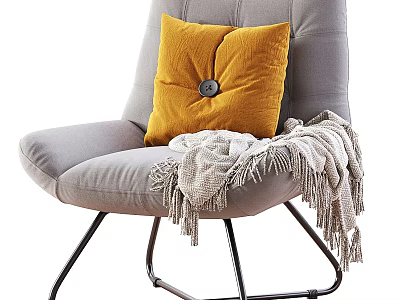 Comfortable Grey Single Sofa With Yellow Button Cushion And Fringed Grey Blanket On Metal Legs 3d model