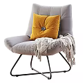 Comfortable Grey Single Sofa With Yellow Button Cushion And Fringed Grey Blanket On Metal Legs