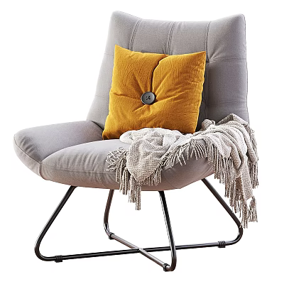 Comfortable Grey Single Sofa With Yellow Button Cushion And Fringed Grey Blanket On Metal Legs 3d model