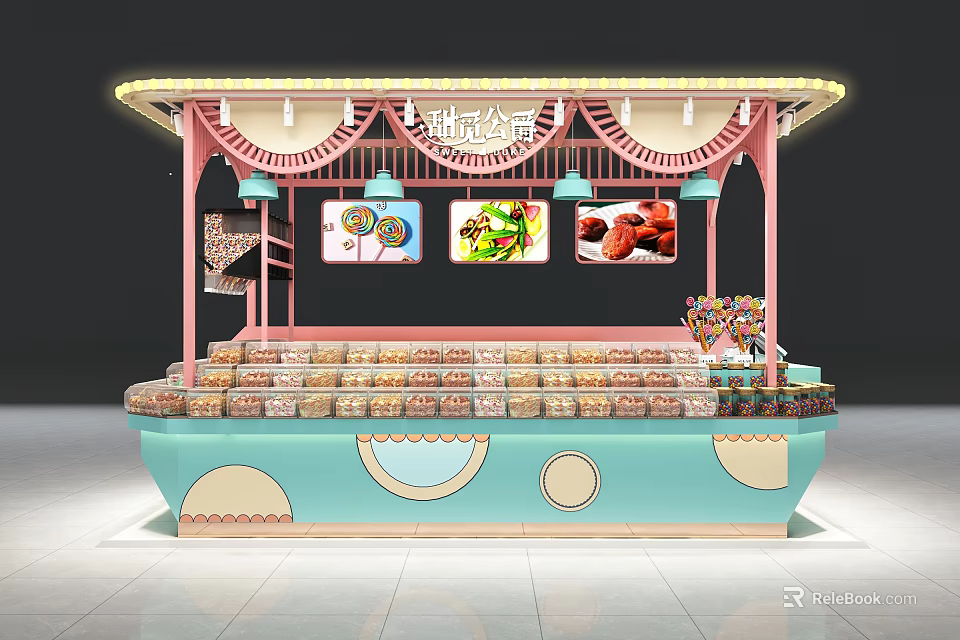 Shopping Mall Candy Store with Pink Frame Decorative Banners and Colorful Candies Display Counters 3d model 