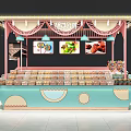 Shopping Mall Candy Store with Pink Frame Decorative Banners and Colorful Candies Display Counters