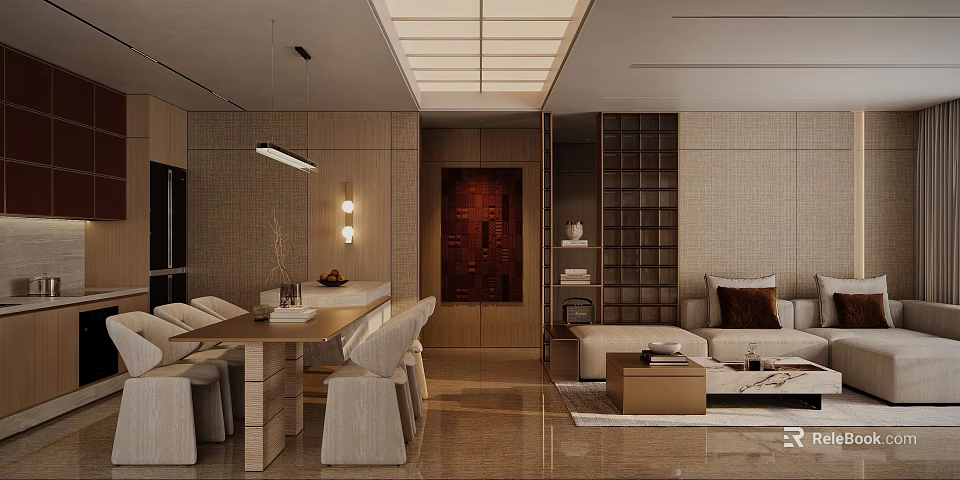 Modern Dining and Living Room Interior Design With Wooden Furniture Dining Table and Sofa 3d model 