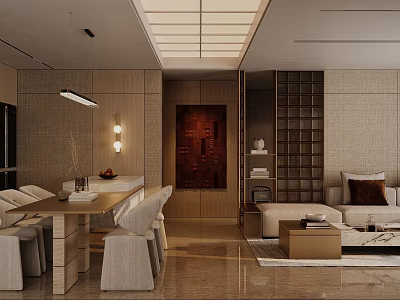 Modern Dining and Living Room Interior Design With Wooden Furniture Dining Table and Sofa 3d model