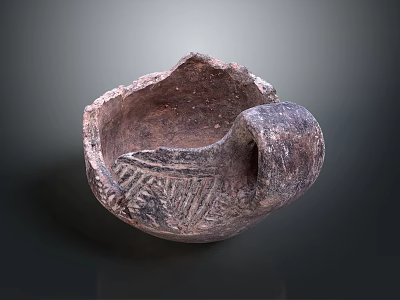 Ancient Broken Pottery Sculpture With Intricate Carved Patterns And Handle 3d model