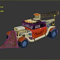 Red Lego Style Car Featuring Shovel Like Metal Structure Black Top Device Blue White Details