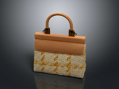 Woven Beige Daily Life Handbag With Brown Handle And Metal Accents 3d model