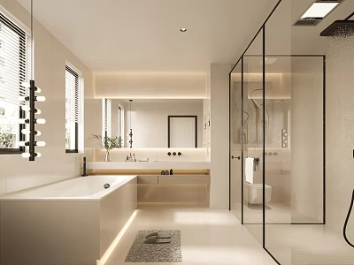 Modern Bright Bathroom Interior With Freestanding Bathtub Glass Shower Vanity Mirror And Natural Light 3d model