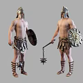 Ancient Warrior Men Wearing Helmets Holding Shields and Chain Mace Weapons 3d model