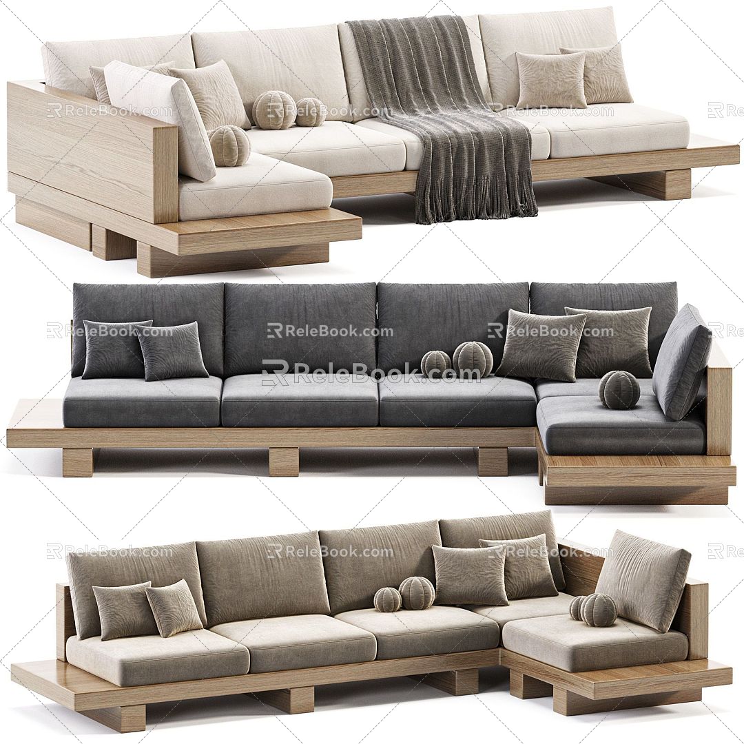 Log cream wind multi-person sofa 3d model