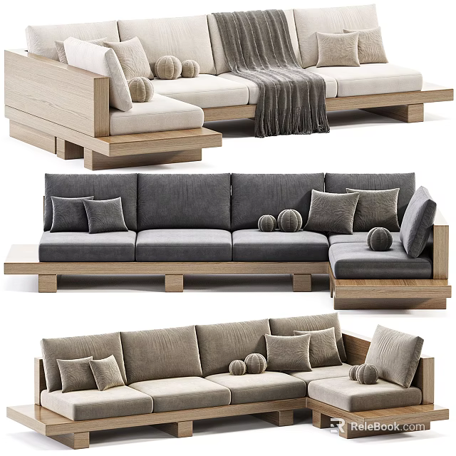 Modern Sectional Sofa With Wooden Frame Plush Cushions And Throw Pillows 3d model 