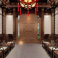 Ancient Chinese Architectural Hall Interior With Wooden Carvings Red Lantern And Decorative Windows
