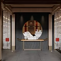 Traditional Tea House Interior With Wooden Shelves And Tea Sets