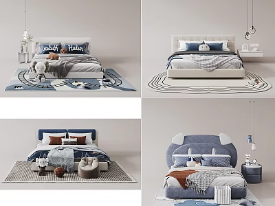 Modern Kids Bed with Blue White Bedding Decorative Pillows and Rug 3d model