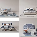 Modern Kids Bed with Blue White Bedding Decorative Pillows and Rug