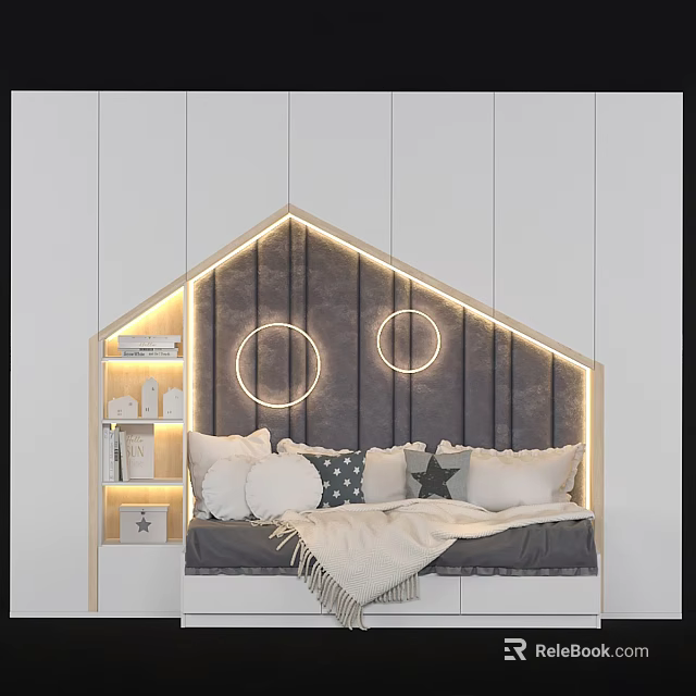 Gabled Headboard Kids Bed with LED Lighting Dark Backdrop Circular Lights Side Shelves and Star Pillows 3d model 
