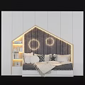 Gabled Headboard Kids Bed with LED Lighting Dark Backdrop Circular Lights Side Shelves and Star Pillows
