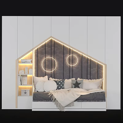 Gabled Headboard Kids Bed with LED Lighting Dark Backdrop Circular Lights Side Shelves and Star Pillows 3d model