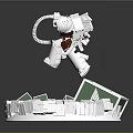 Floating White Astronaut Above Circular Platform With Tablet And Metallic Debris