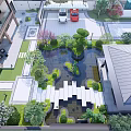 Karesansui Garden In Modern Courtyard With Stone Pathway Small Ponds Green Plants And Lighting