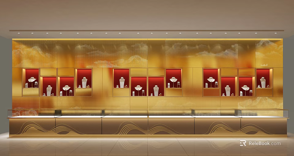 Jewelry Store Showcase With Golden Background Red Display Cases Wave Patterned Counters And White Jewelry 3d model 