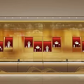 Jewelry Store Showcase With Golden Background Red Display Cases Wave Patterned Counters And White Jewelry