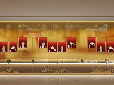 Jewelry Store Showcase With Golden Background Red Display Cases Wave Patterned Counters And White Jewelry 3d model