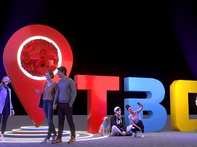 People Interacting With VR Glasses Around Red Location Pin And TBO Letters With Dog 3d model