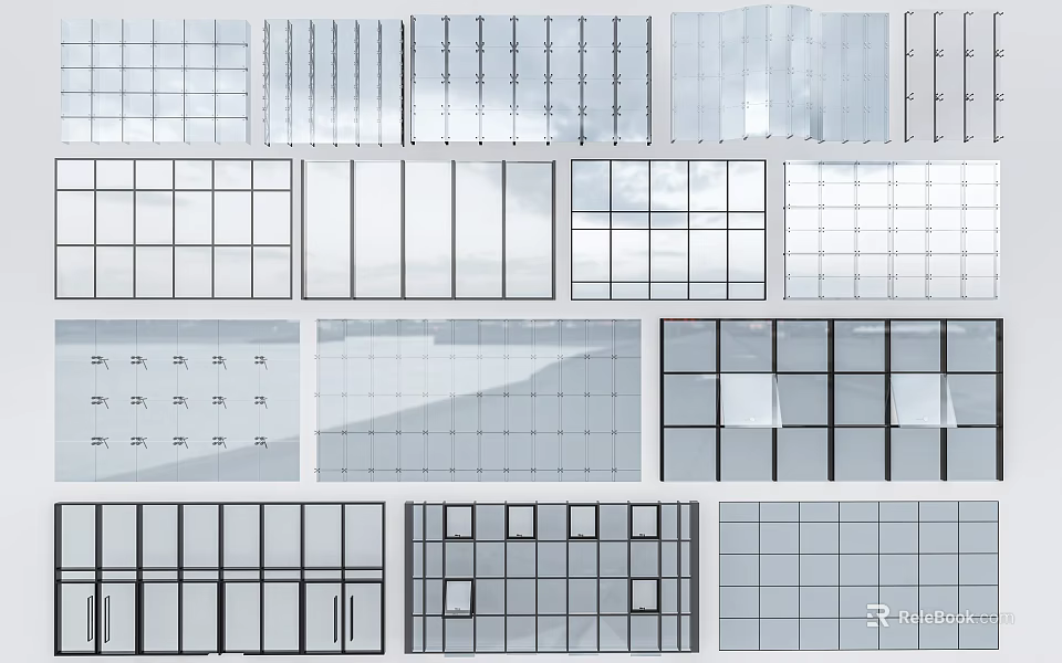 Different Glass Partition Design Patterns With Grid And Panel Layouts For Interiors 3d model 