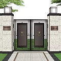 Elegant Entrance Gate With Double Metal Doors Stone Walls Brass Knockers And Stone Pathway