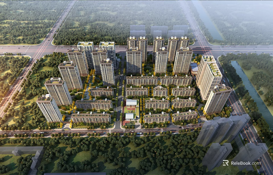 Aerial Planning of Modern Residential Community With High-Rise Towers Low-Rise Houses Greenery Roads And River 3d model 