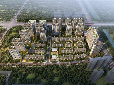 Aerial Planning of Modern Residential Community With High-Rise Towers Low-Rise Houses Greenery Roads And River 3d model