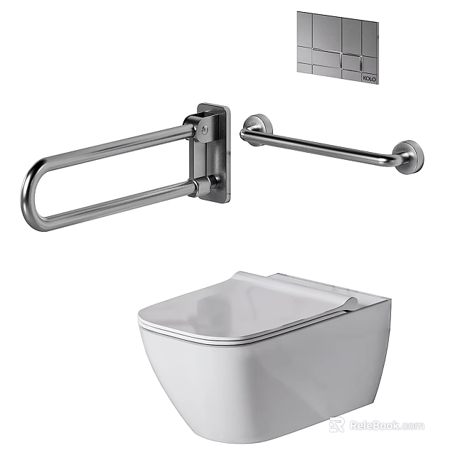 Modern White Toilet With Stainless Steel Grab Bar And Tile Wall 3d model 
