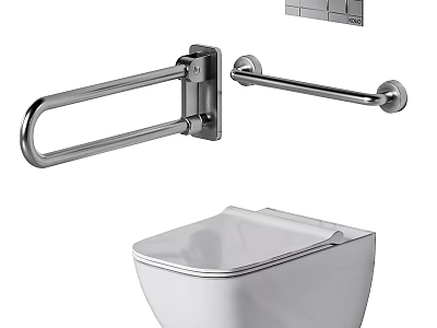Modern White Toilet With Stainless Steel Grab Bar And Tile Wall 3d model