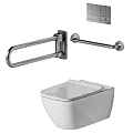 Modern White Toilet With Stainless Steel Grab Bar And Tile Wall