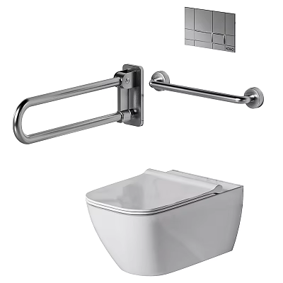Modern White Toilet With Stainless Steel Grab Bar And Tile Wall 3d model