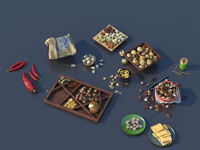 Assorted Food Items With Mixed Nuts Red Chilies Crackers Spices And Beans On Wooden Trays 3d model