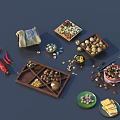 Assorted Food Items With Mixed Nuts Red Chilies Crackers Spices And Beans On Wooden Trays