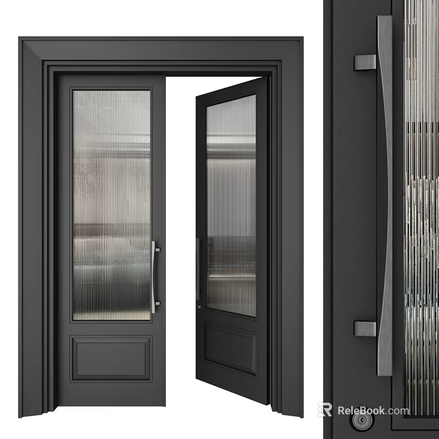 Modern Black Double Doors With Textured Glass Panels And Sleek Frame 3d model 