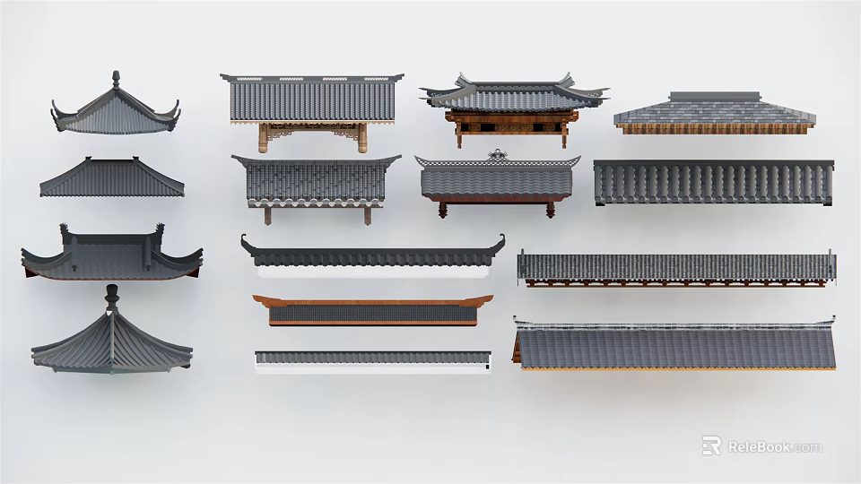 Traditional Chinese Architectural Components Various Roof Styles With Tile Structures And Eaves Designs 3d model 