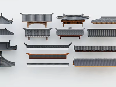 Traditional Chinese Architectural Components Various Roof Styles With Tile Structures And Eaves Designs 3d model