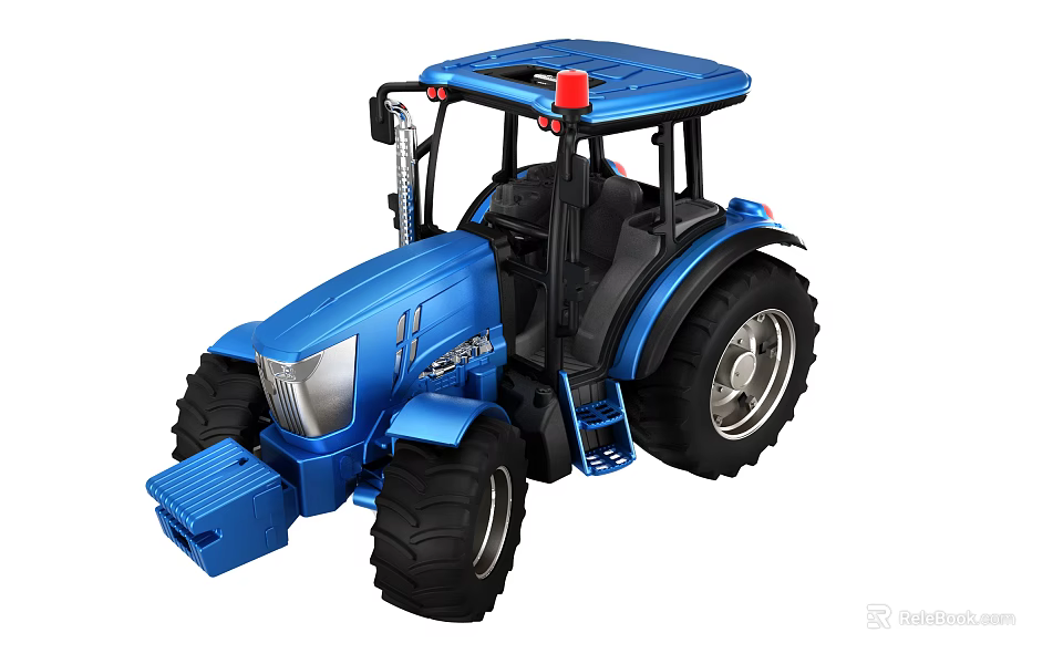Blue Utility Tractor with Red Top Light Large Wheels and Cab Structure 3d model