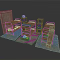 Modern Dormitory Setup With Metal Frame Bunk Beds Small Tables And Gray Mats