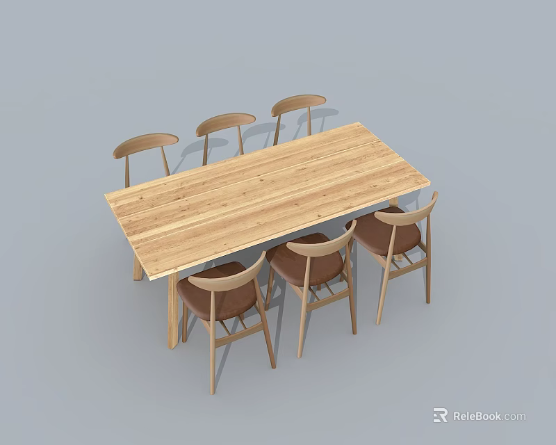 Wooden Rectangular Dining Table Set With Six Matching Chairs For Home Dining 3d model