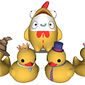 Large Yellow Chicken Doll with Small Duck Figurines Wearing Hats and Bow