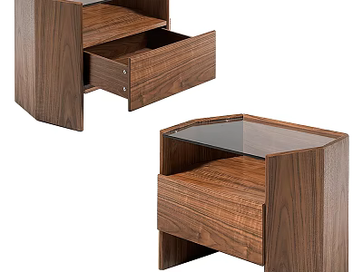 Modern Walnut Nightstand With Open Drawer And Glass Top Design 3d model