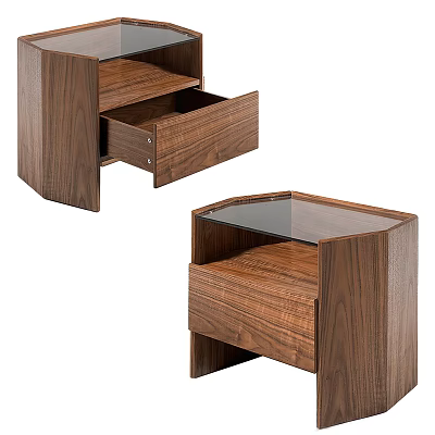 Modern Walnut Nightstand With Open Drawer And Glass Top Design 3d model