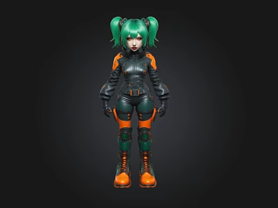 Stylish 3D Character Model With Green Hair Pigtails And Black Orange Outfit 3d model